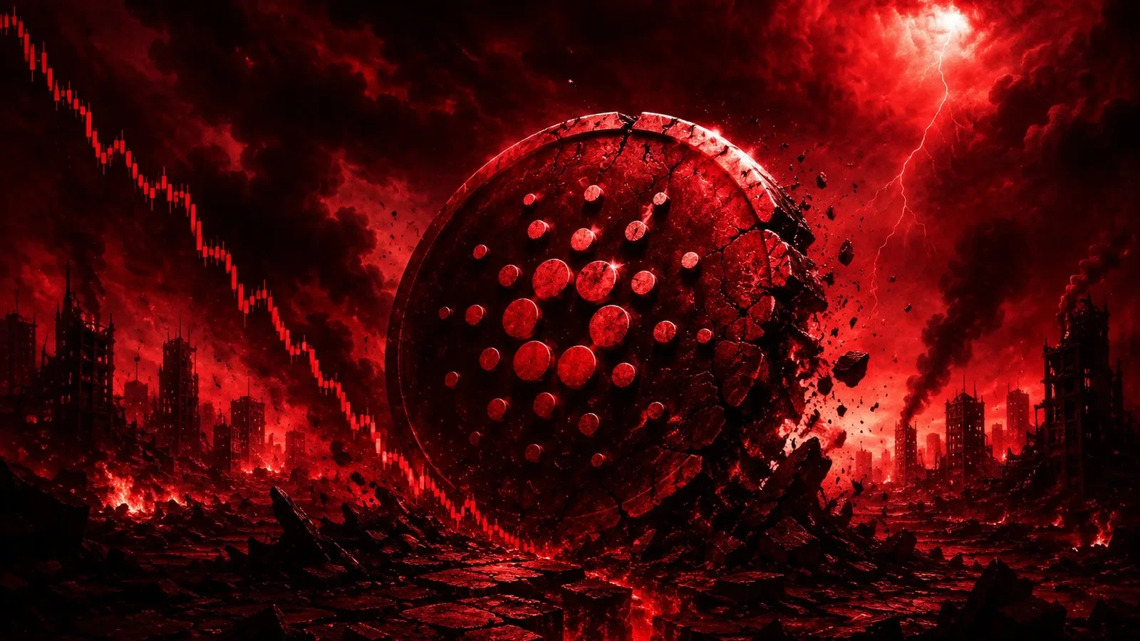 El logotipo de Cardano (ADA) agrietándose sobre un paisaje rojo en ruinas con un gráfico de precio cayendo