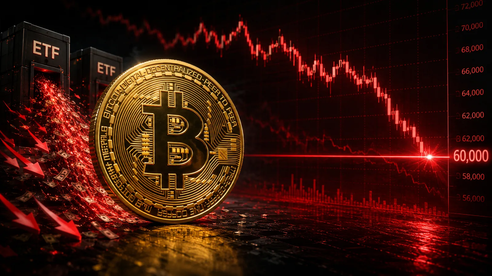 El precio de bitcoin (BTC) cae hacia los 60.000 dólares en una pantalla de cotización en rojo