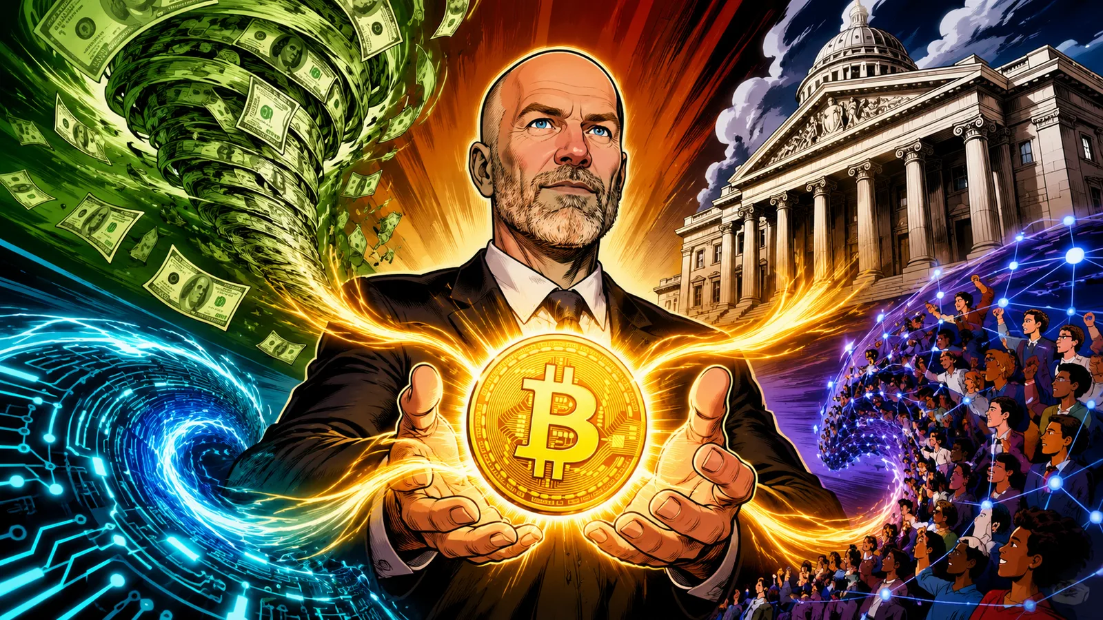 Saylor plantea las «cuatro fuerzas» que bitcoin necesita para ganar. Fuente: Imagen creada con Inteligencia Generativa