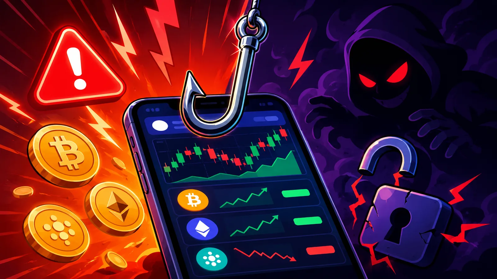Anzuelo de pesca sobre un teléfono con la web de un exchange de criptomonedas, símbolo del phishing y las estafas cripto. Fuente: Imagen creada con Inteligencia Generativa