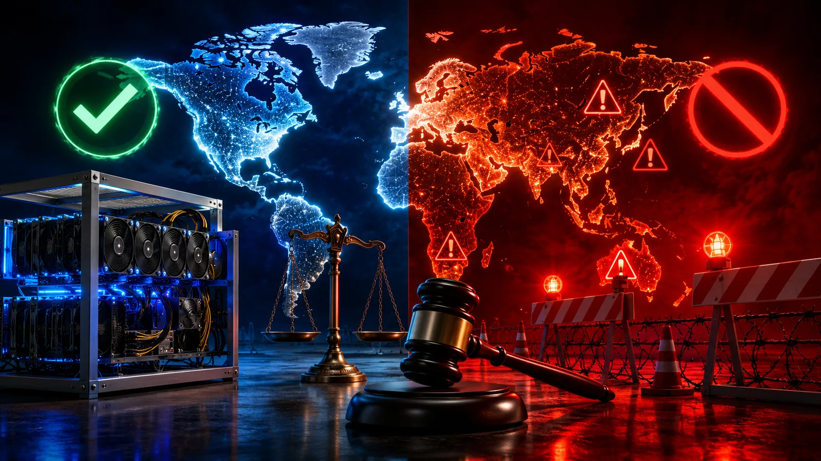 Mapa mundial con países marcados según el estatus legal de la minería de criptomonedas. Fuente: Imagen creada con Inteligencia Generativa