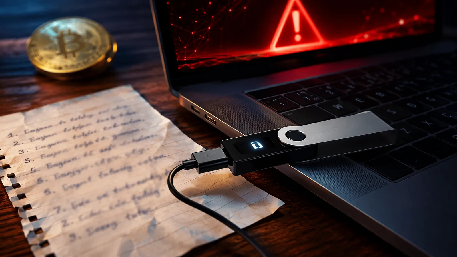 Hardware wallet Ledger conectado a un ordenador mostrando la frase de recuperación apuntada en papel. Fuente: Imagen creada con Inteligencia Generativa
