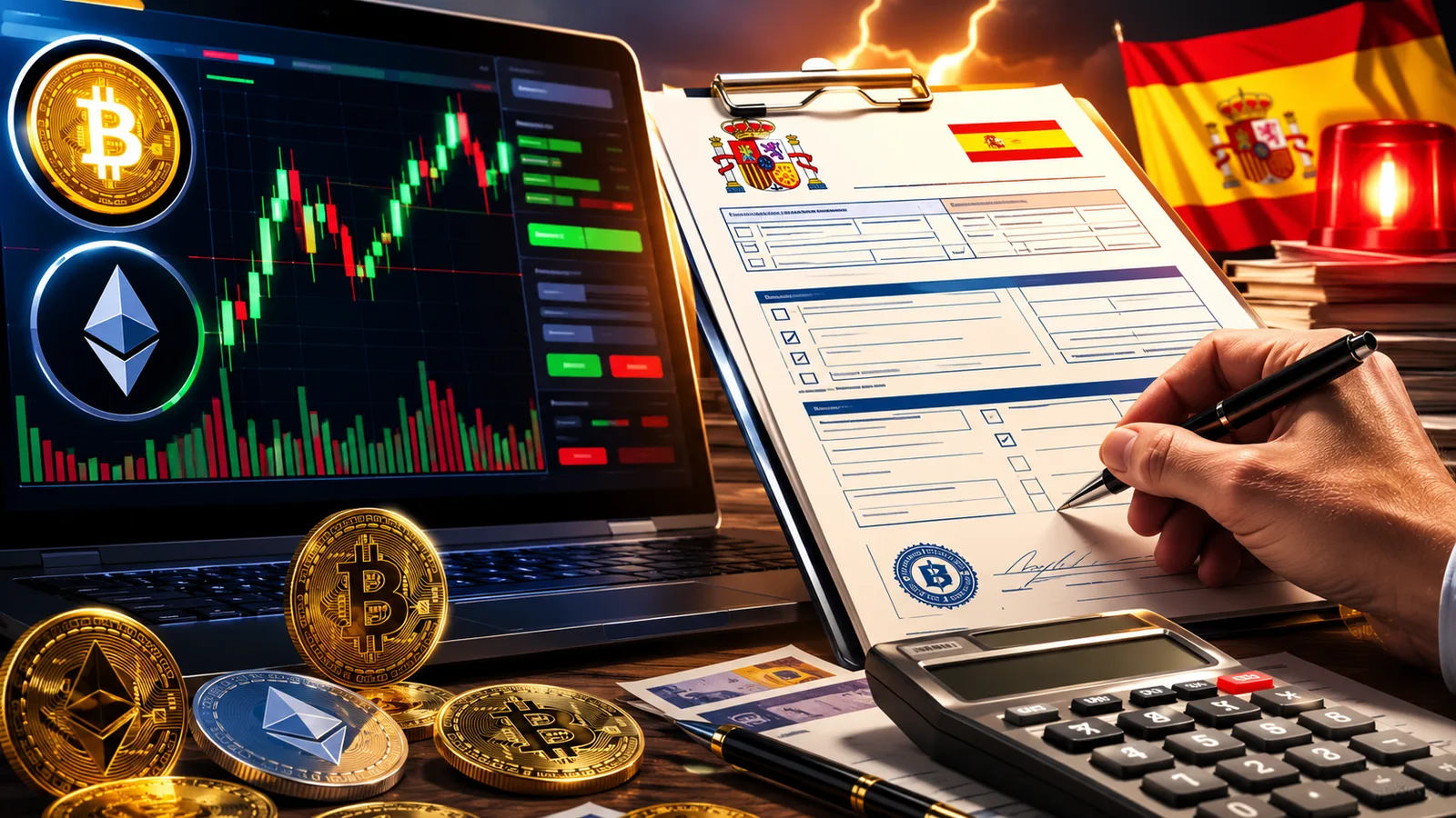 Pantalla de un exchange de criptomonedas junto a un formulario de la declaración de la renta en España. Fuente: Imagen creada con Inteligencia Generativa