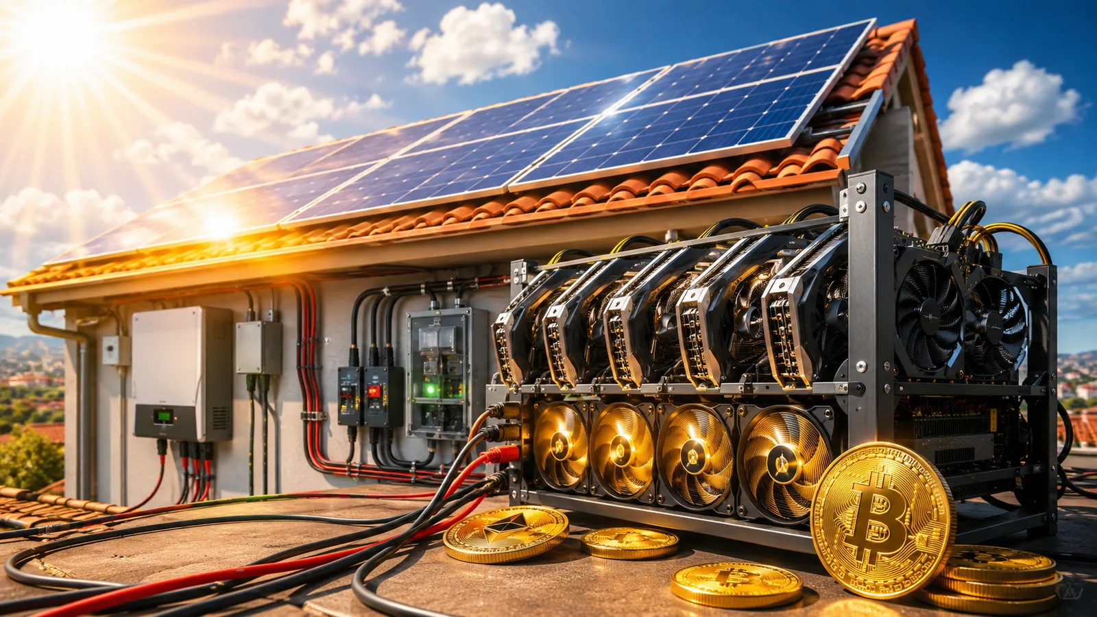 Paneles solares en un tejado conectados a un rig de minería de criptomonedas con varias GPU. Fuente: Imagen creada con Inteligencia Generativa