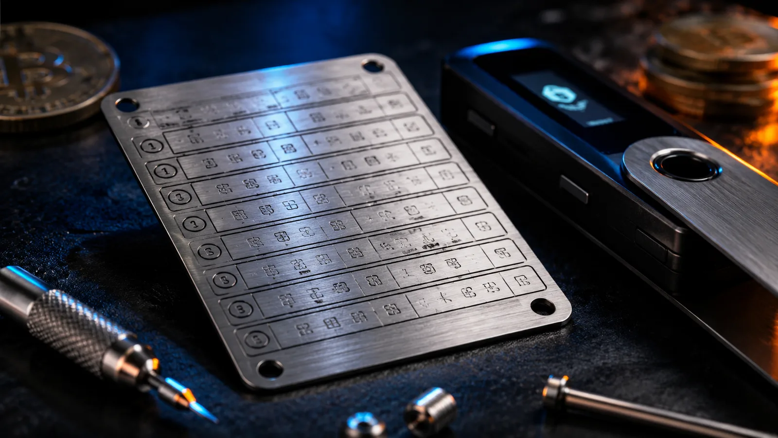 Placa metálica con palabras grabadas de una seed phrase junto a una hardware wallet. Fuente: Imagen creada con Inteligencia Generativa