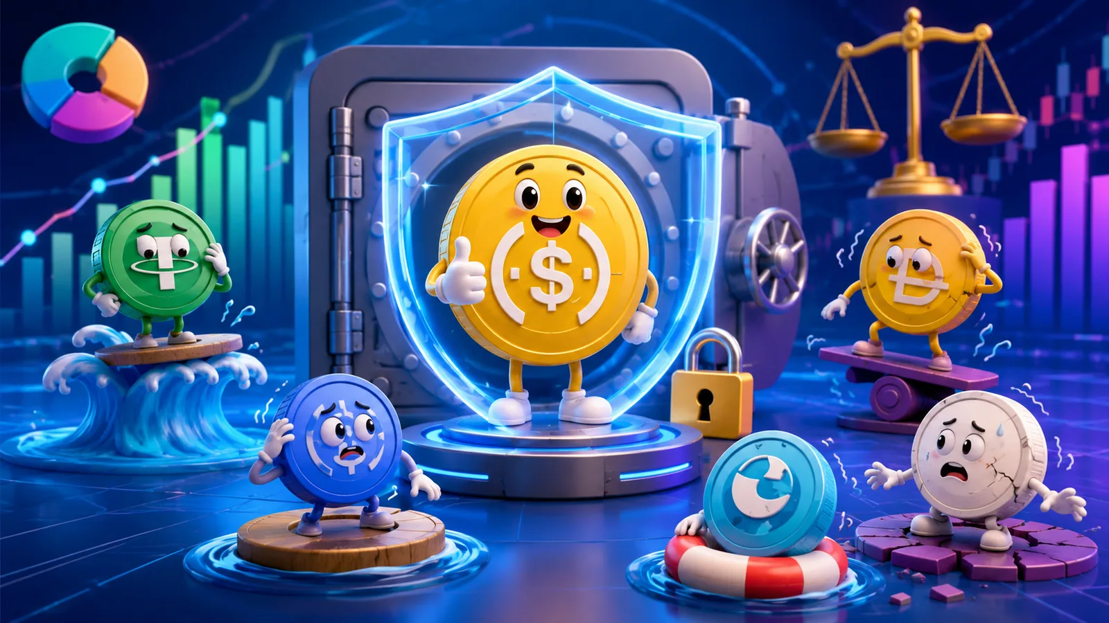 Monedas digitales estables ancladas al dólar sobre un gráfico de cotización plano. Fuente: Imagen creada con Inteligencia Generativa