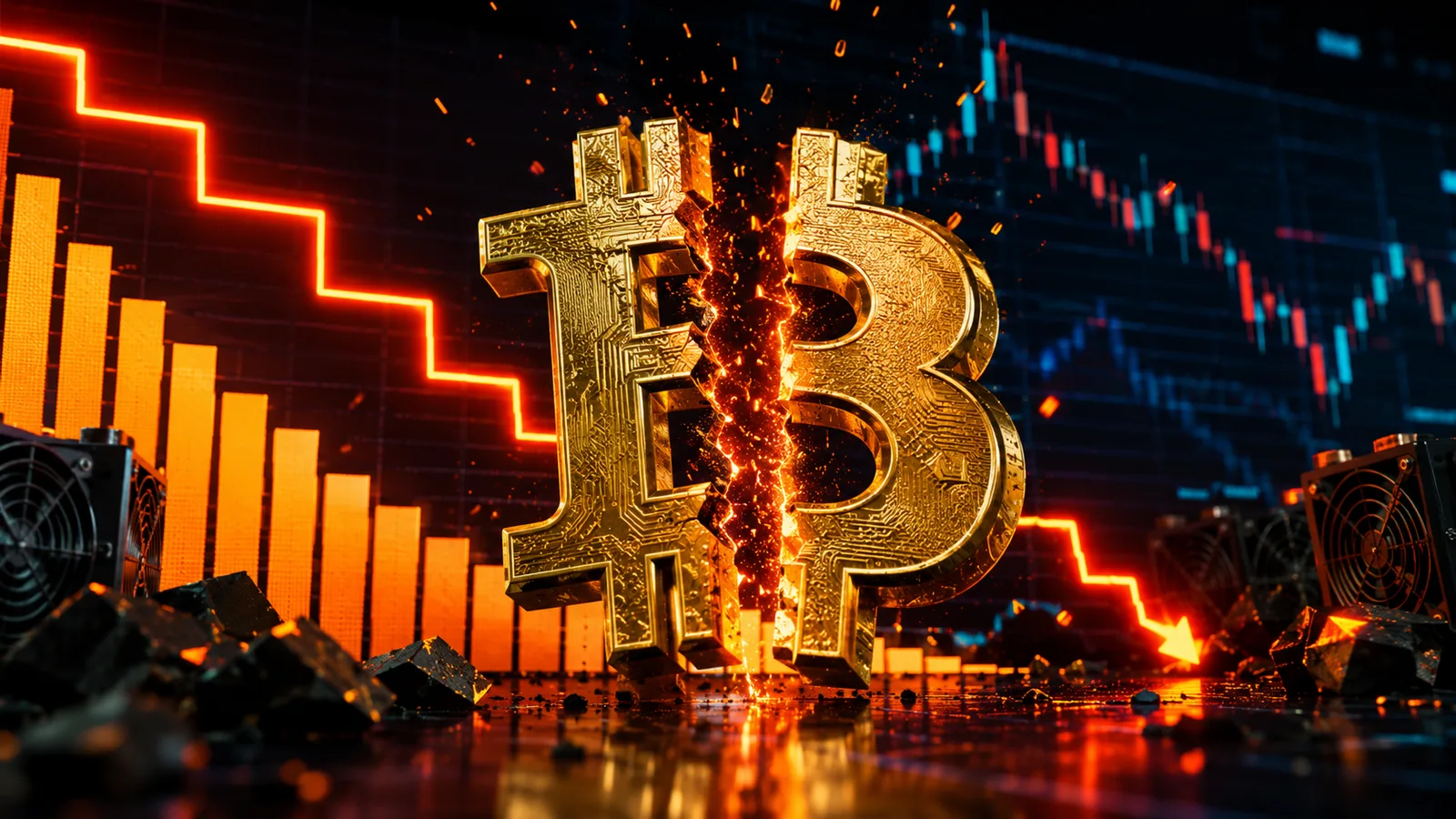 Símbolo de bitcoin partido por la mitad sobre un gráfico que representa el halving y la reducción de la recompensa de minería. Fuente: Imagen creada con Inteligencia Generativa