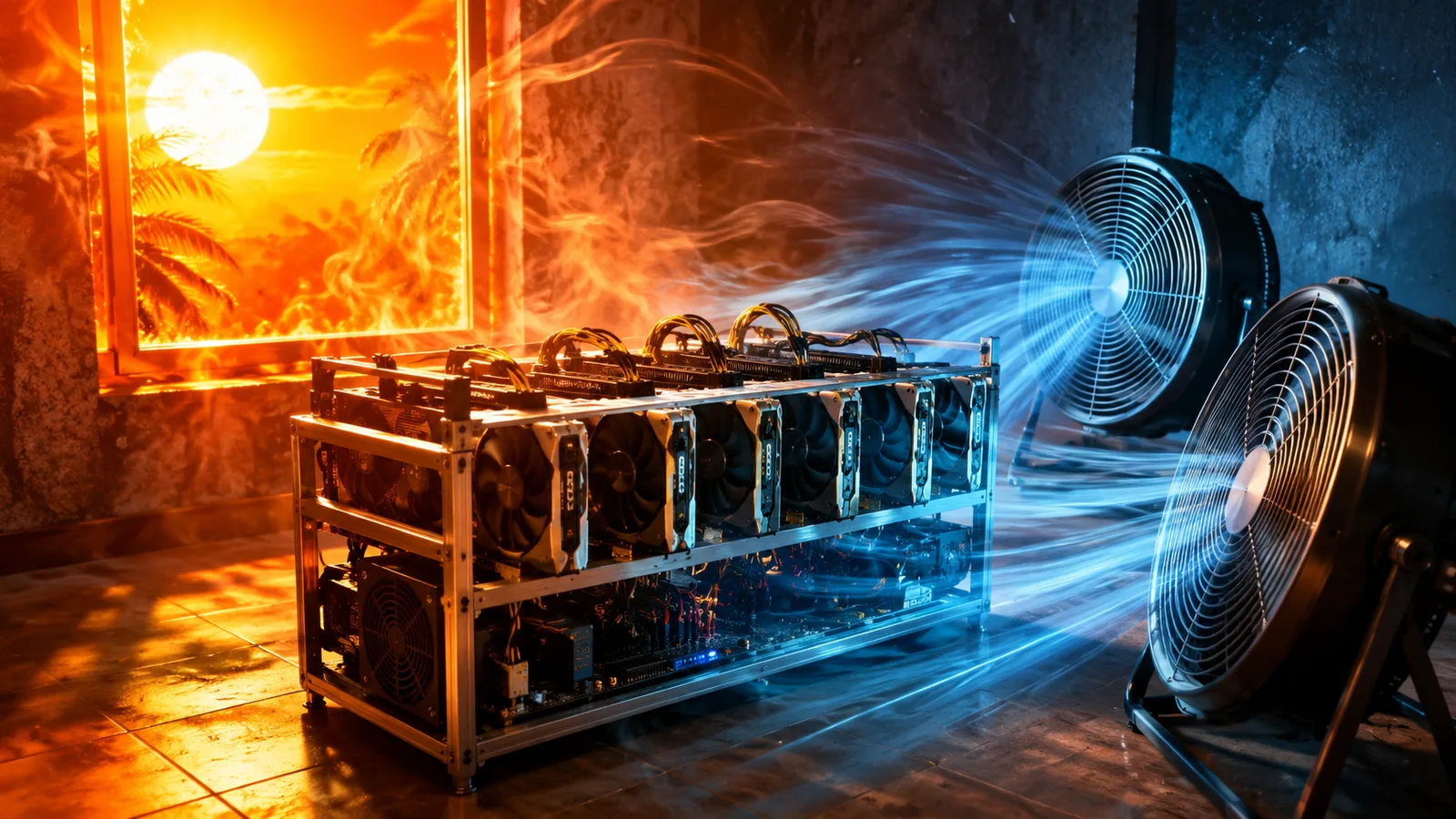 Rig de minería de criptomonedas con varias GPU refrigerado por ventiladores en una sala ventilada. Fuente: Imagen creada con Inteligencia Generativa