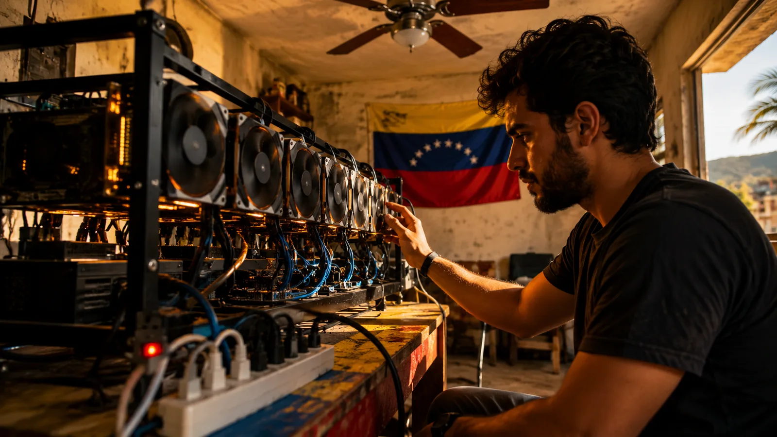Granja de minería de criptomonedas con equipos ASIC conectados, representando la minería en Venezuela. Fuente: Imagen creada con Inteligencia Generativa