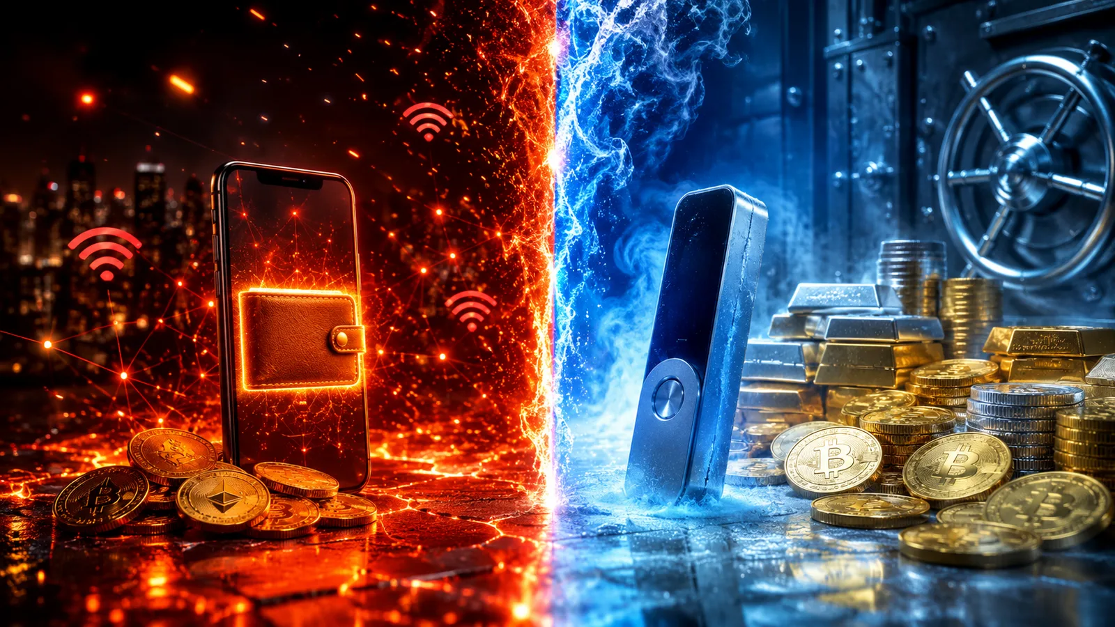 Comparativa entre una hot wallet en el móvil conectada a internet y una cold wallet de hardware desconectada. Fuente: Imagen creada con Inteligencia Generativa