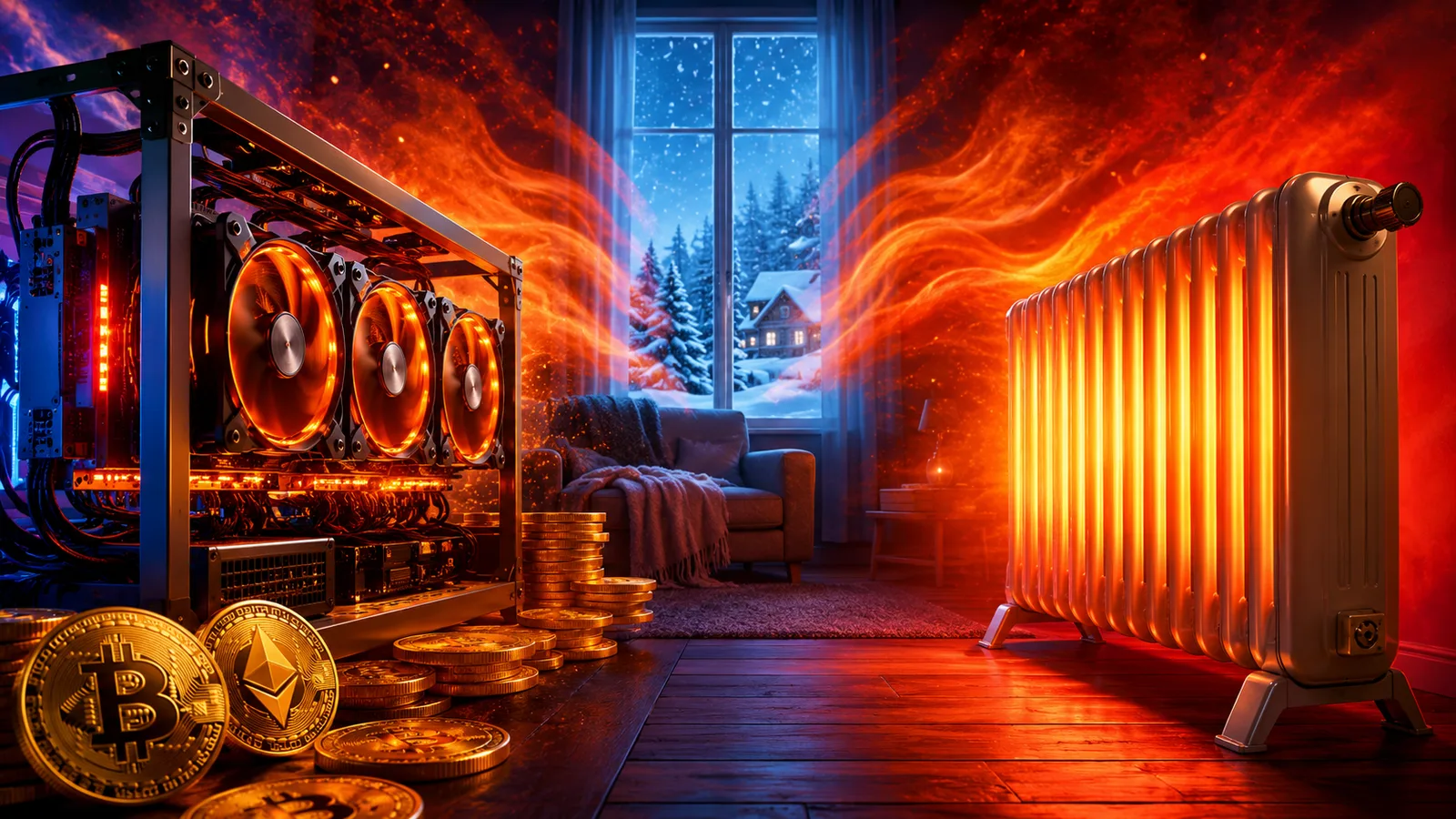 Rig de minería de criptomonedas emitiendo calor en una habitación, junto a un radiador eléctrico. Fuente: Imagen creada con Inteligencia Generativa