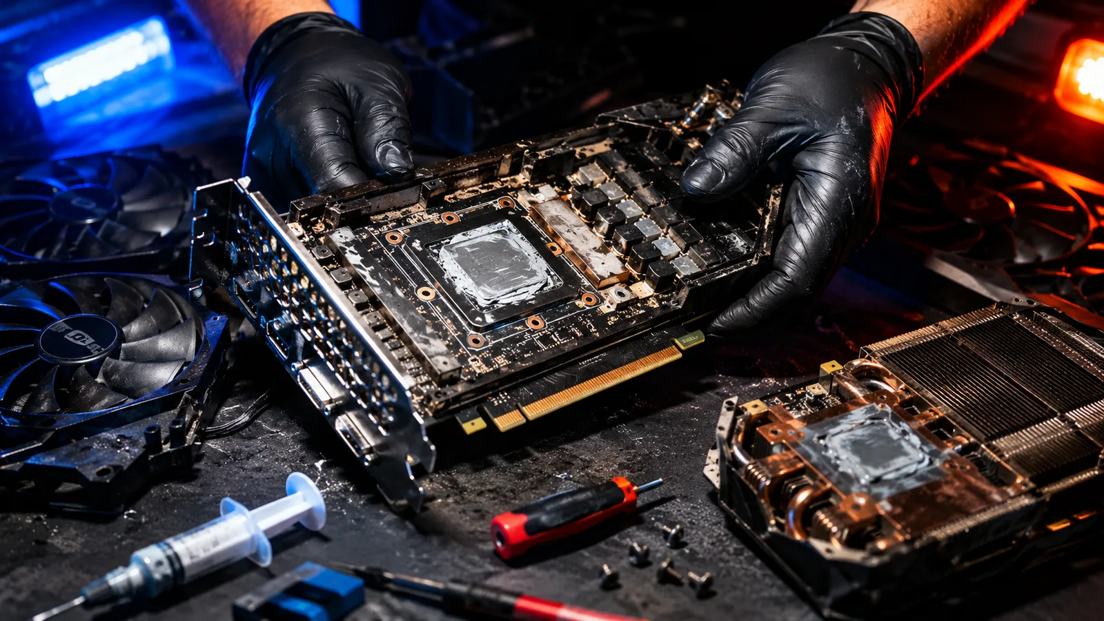 Manos inspeccionando una GPU de minería de segunda mano con destornillador y pasta térmica sobre una mesa. Fuente: Imagen creada con Inteligencia Generativa