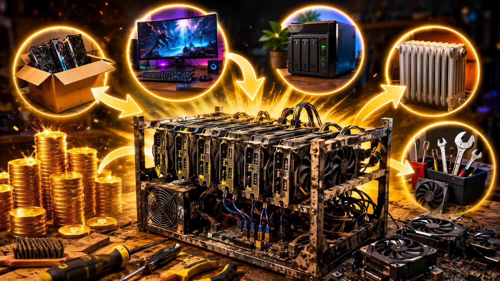 Rig de minería de criptomonedas antiguo con varias GPU desmontadas sobre una mesa de trabajo. Fuente: Imagen creada con Inteligencia Generativa
