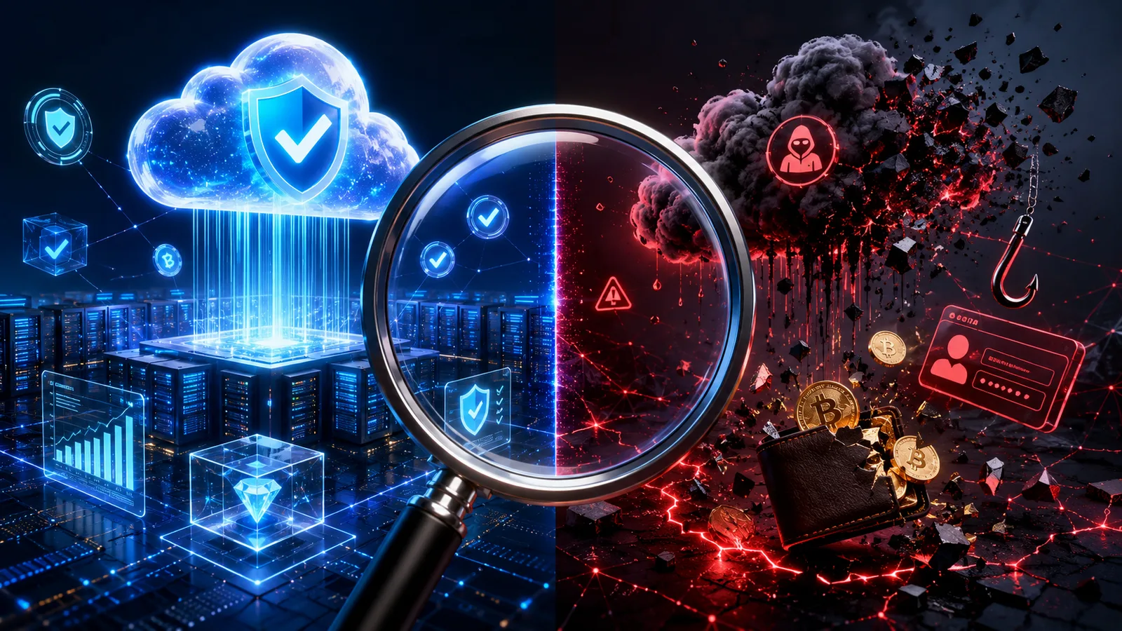 Concepto de minería de bitcoin en la nube con servidores y símbolo de alerta de estafa. Fuente: Imagen creada con Inteligencia Generativa