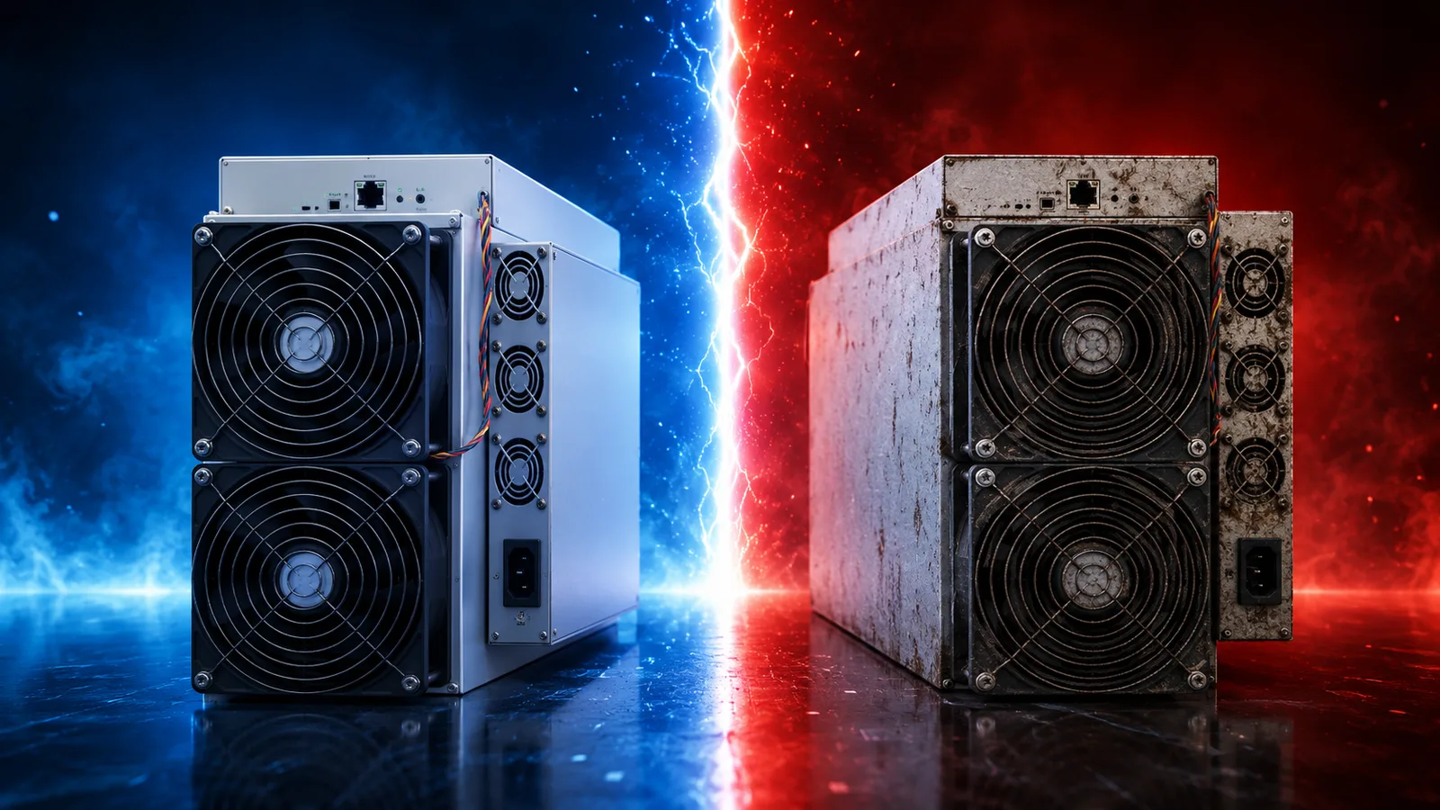 Mineros ASIC Antminer S21 y S19 enfrentados, comparativa entre uno nuevo y otro de segunda mano