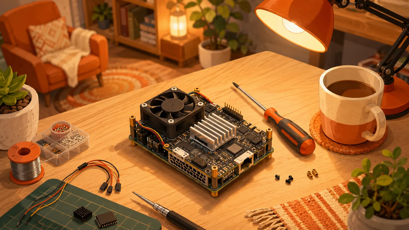 Placa Bitaxe en un escritorio de maker con herramientas, minar Bitcoin en solitario desde casa