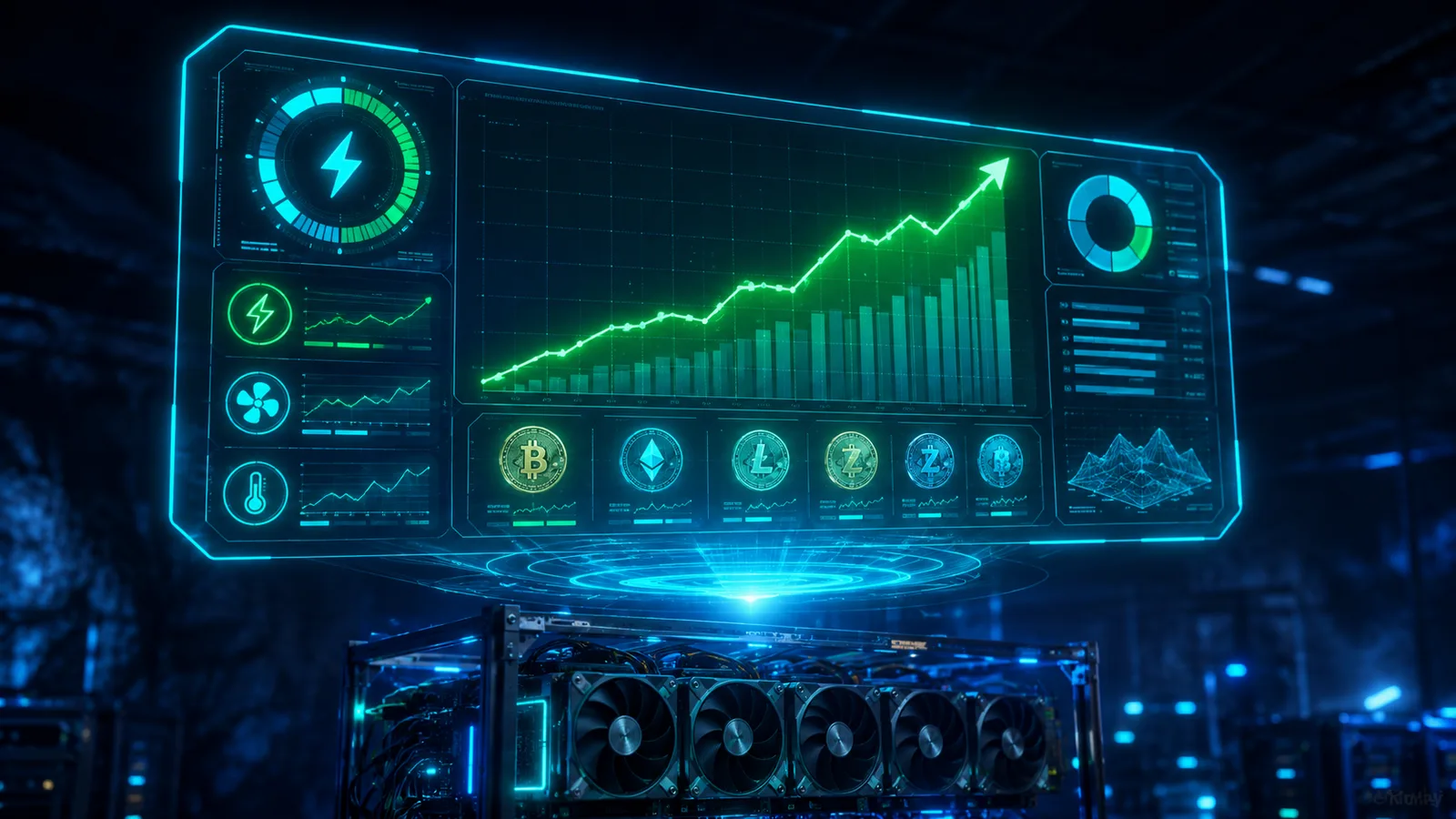 Dashboard holográfico de rentabilidad de minería con gráficas y consumo en kWh sobre un rig, calculadora de rentabilidad 2026
