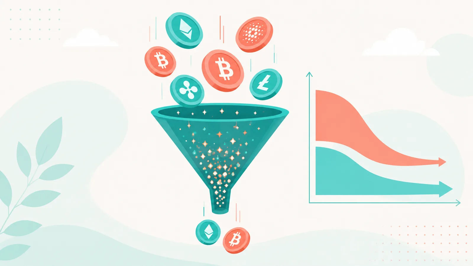 Monedas cripto cayendo por un embudo que retiene comisiones, con un gráfico de spread de un exchange