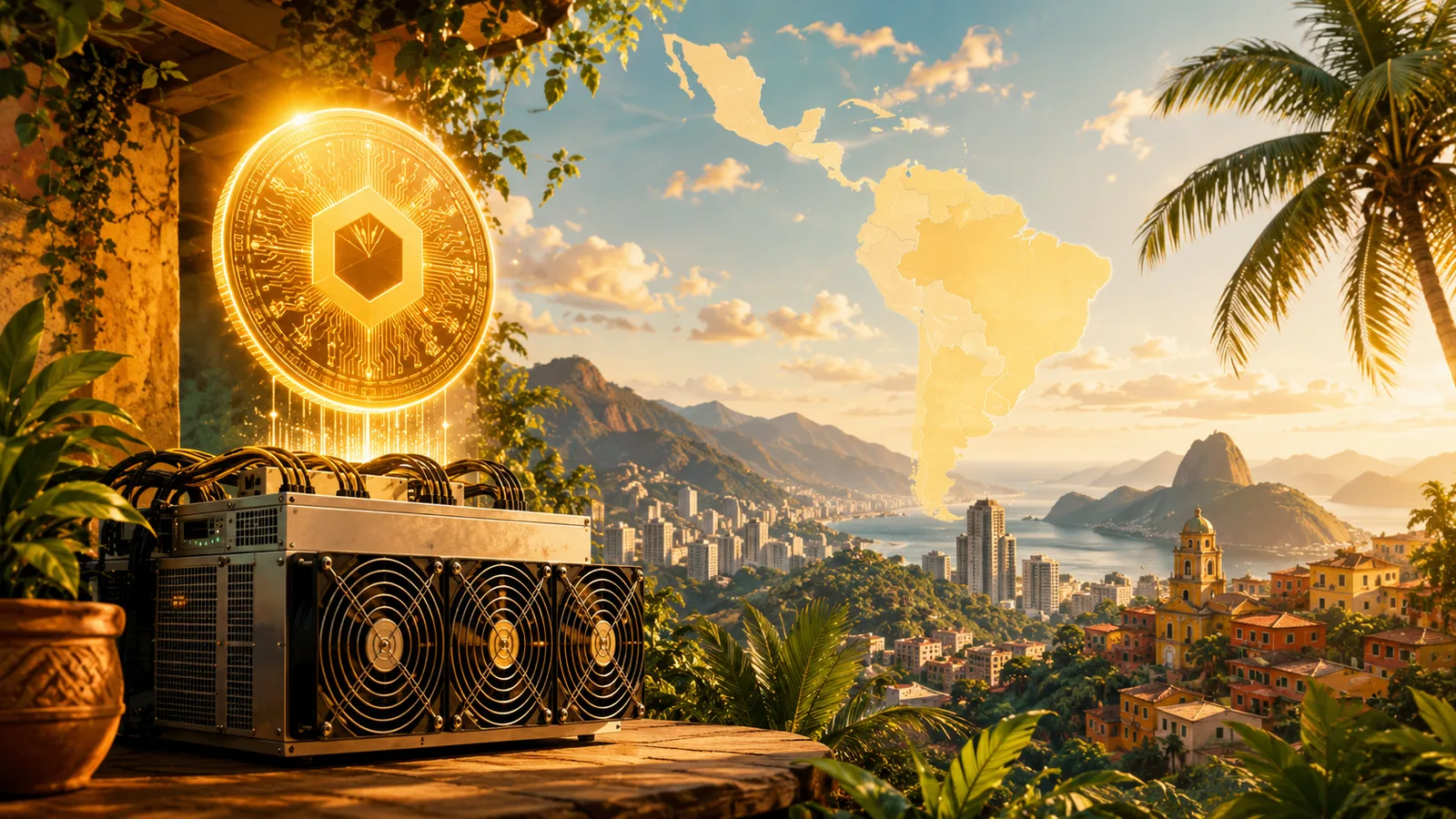ASIC minando Bitcoin ante un paisaje tropical latinoamericano y el mapa del continente, minar Bitcoin en Latinoamérica