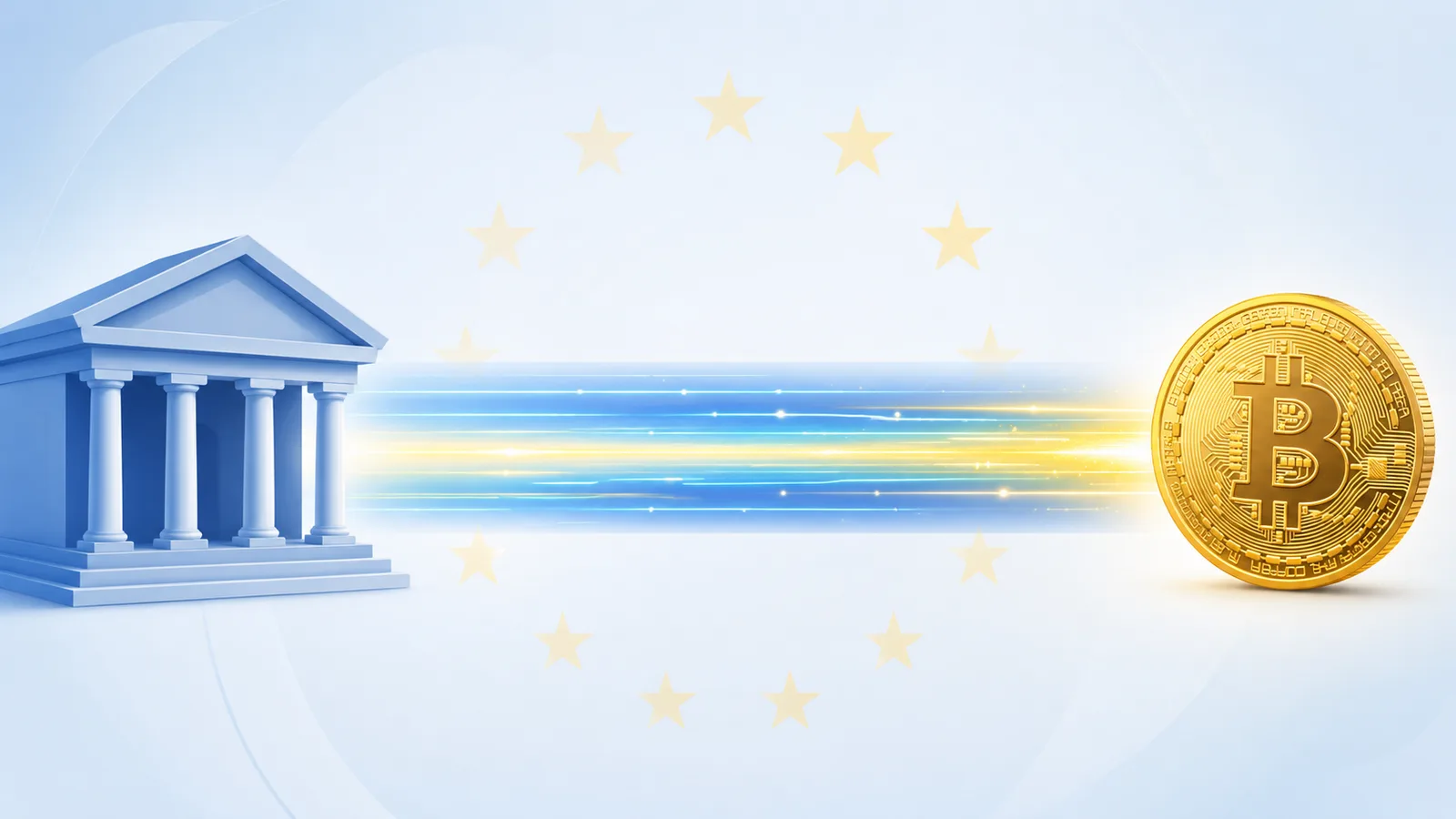 Flujo de un banco europeo a una moneda de Bitcoin con estrellas de la UE, comprar cripto por SEPA sin comisiones