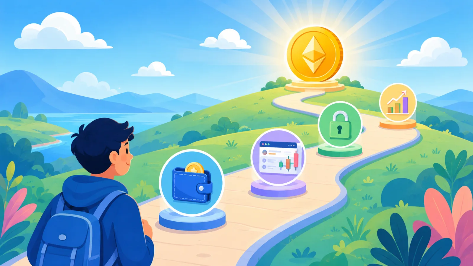Persona principiante ante un camino con iconos de wallet, exchange y seguridad hacia una moneda cripto, guía para principiantes