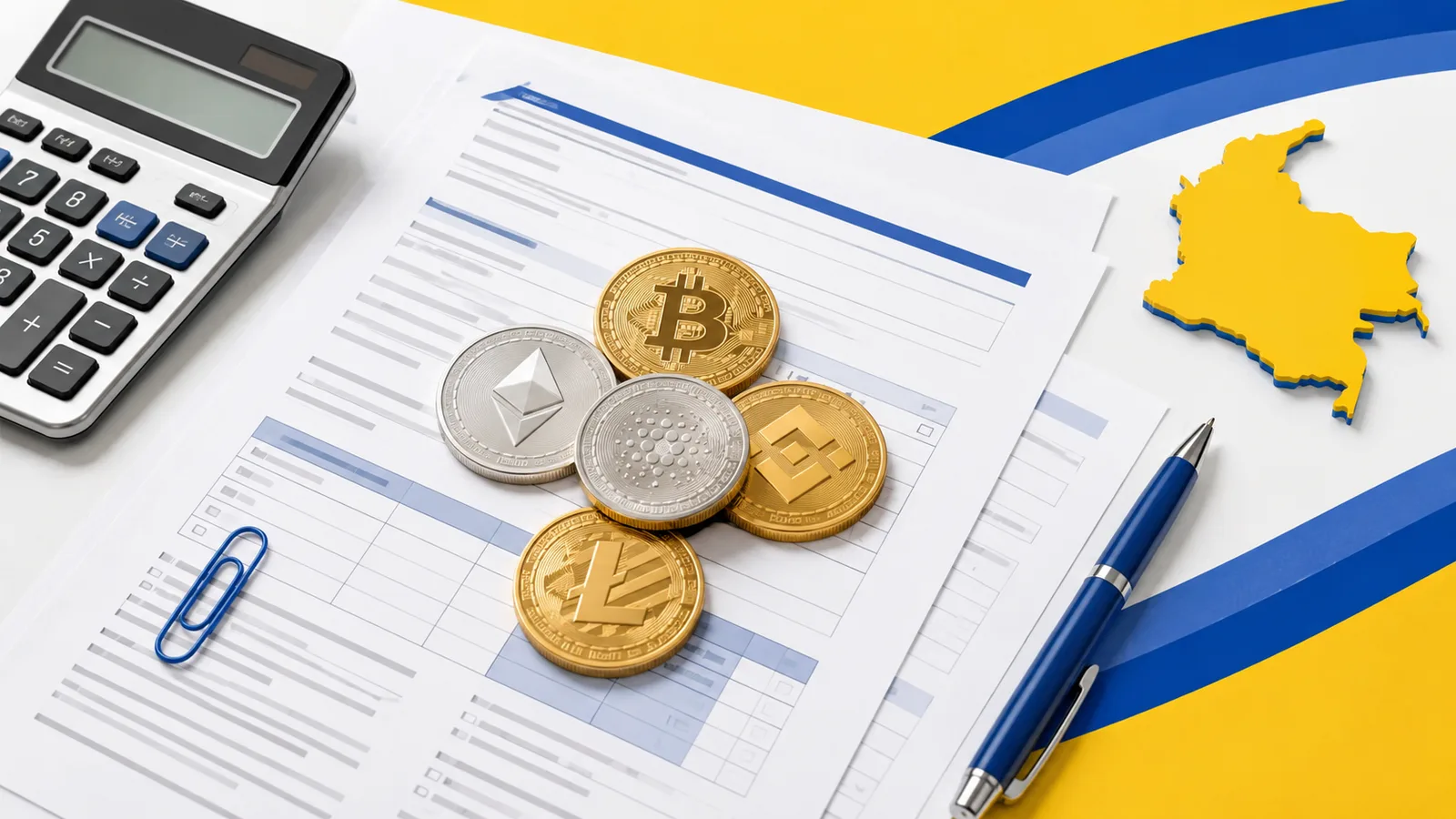 Formularios de la DIAN, calculadora y criptomonedas con el mapa de Colombia, tributar cripto en Colombia