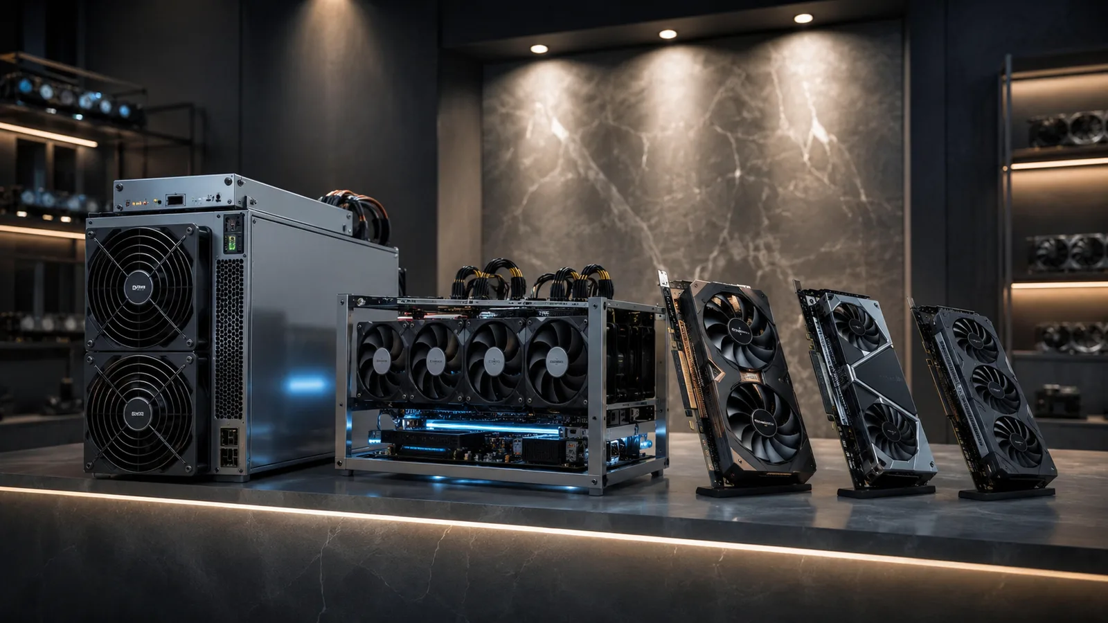 Escaparate premium con un minero ASIC, un rig de GPU y tarjetas gráficas, mejor hardware de minería en 2026