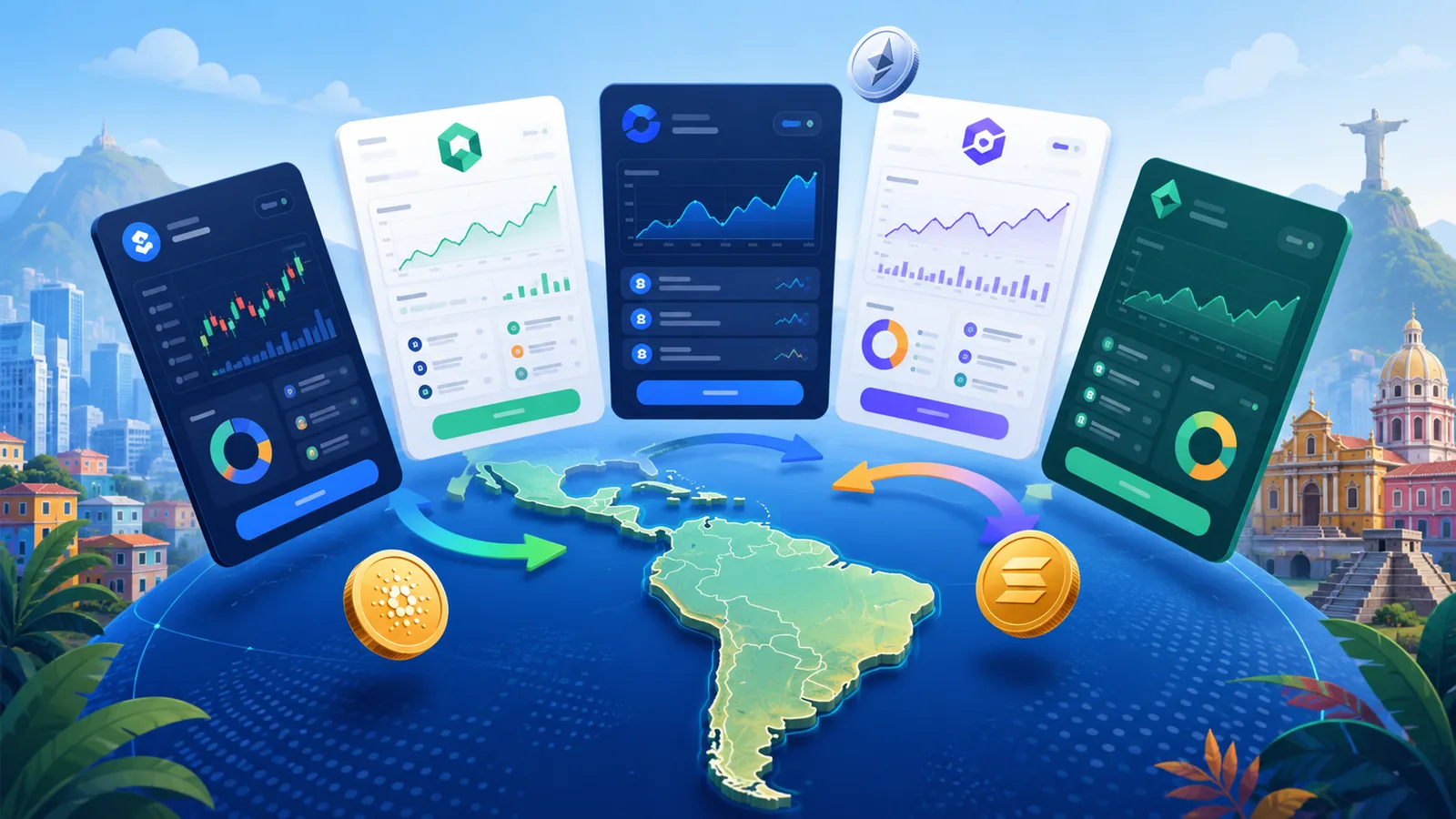 Paneles de exchanges sobre un mapa de Latinoamérica con monedas y flechas de intercambio, mejores exchanges para LatAm 2026