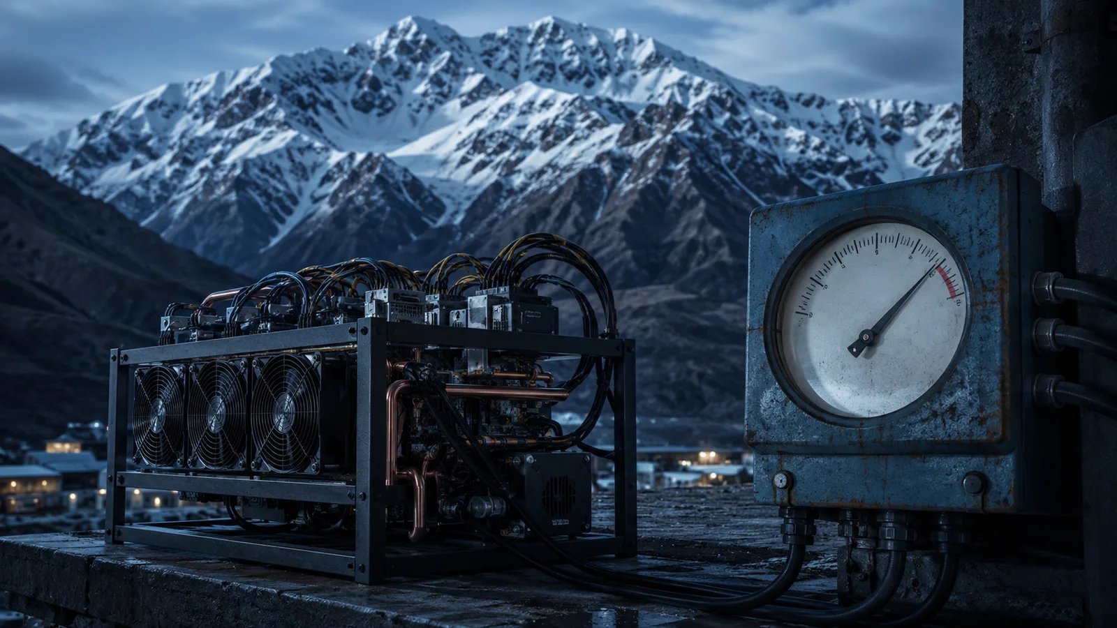 Rig de minería junto a un medidor eléctrico con la cordillera nevada de los Andes, minar criptomonedas en Chile