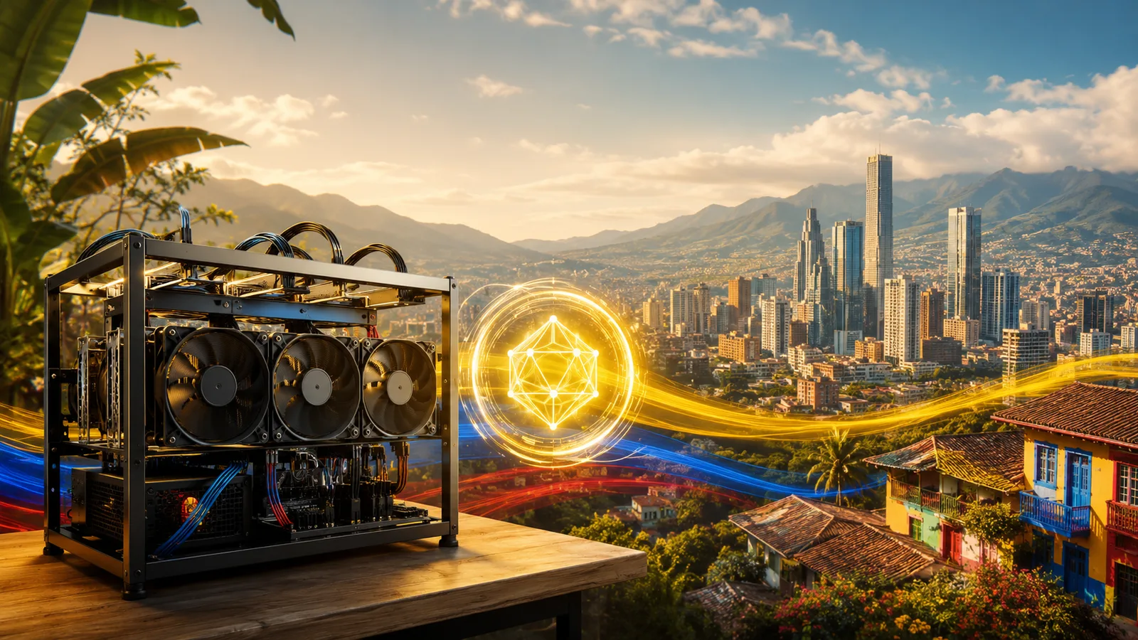 Rig de minería ante una ciudad colombiana con los colores de la bandera, minar criptomonedas en Colombia