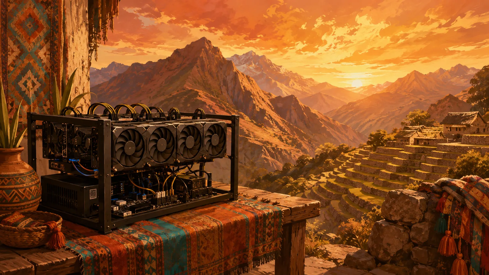 Rig de minería ante montañas andinas y terrazas incas al atardecer, minar criptomonedas en Perú