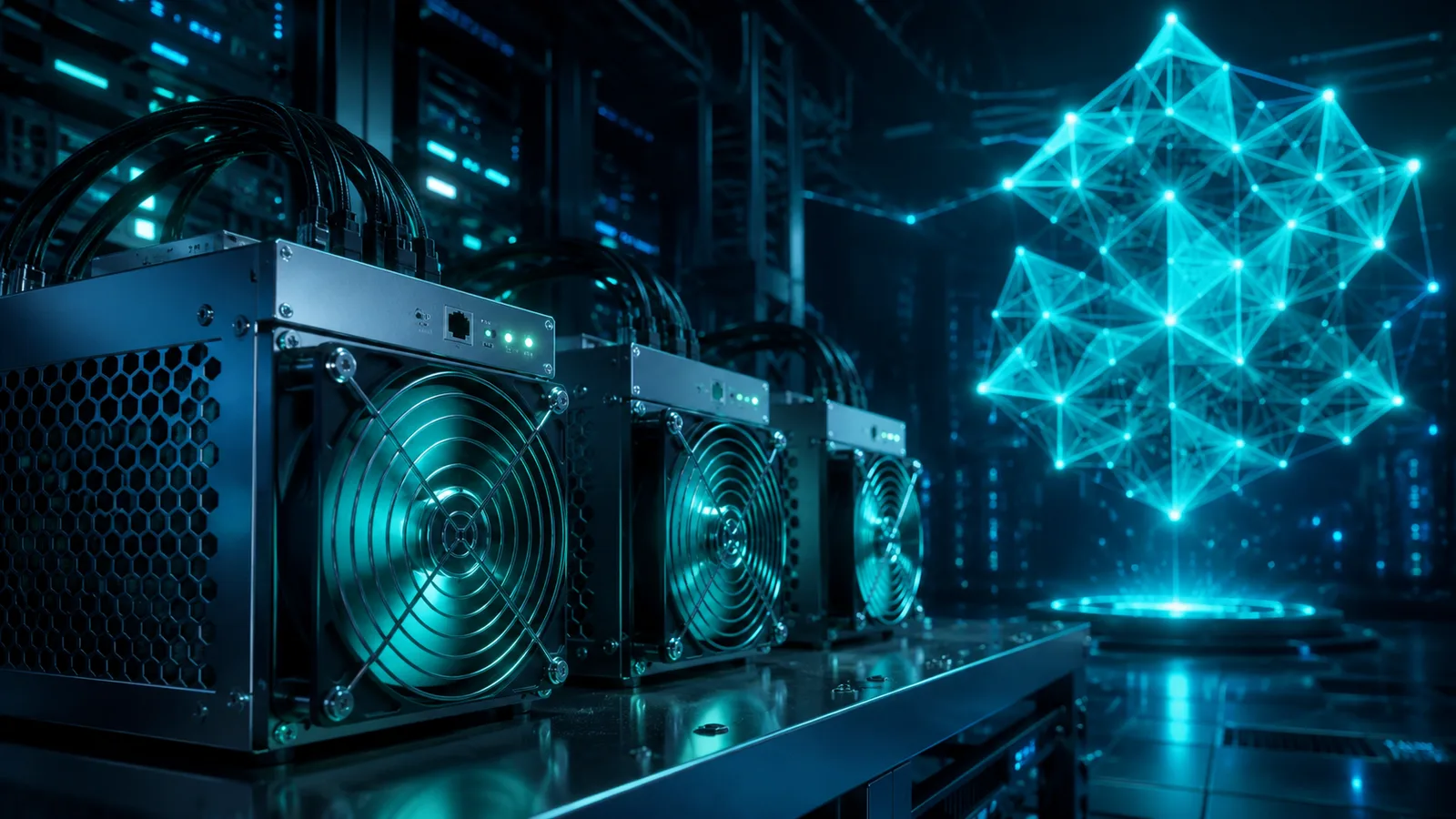 Mineros ASIC en fila junto al símbolo geométrico de Kaspa (KAS) en un data-center, rentabilidad de minar Kaspa en 2026