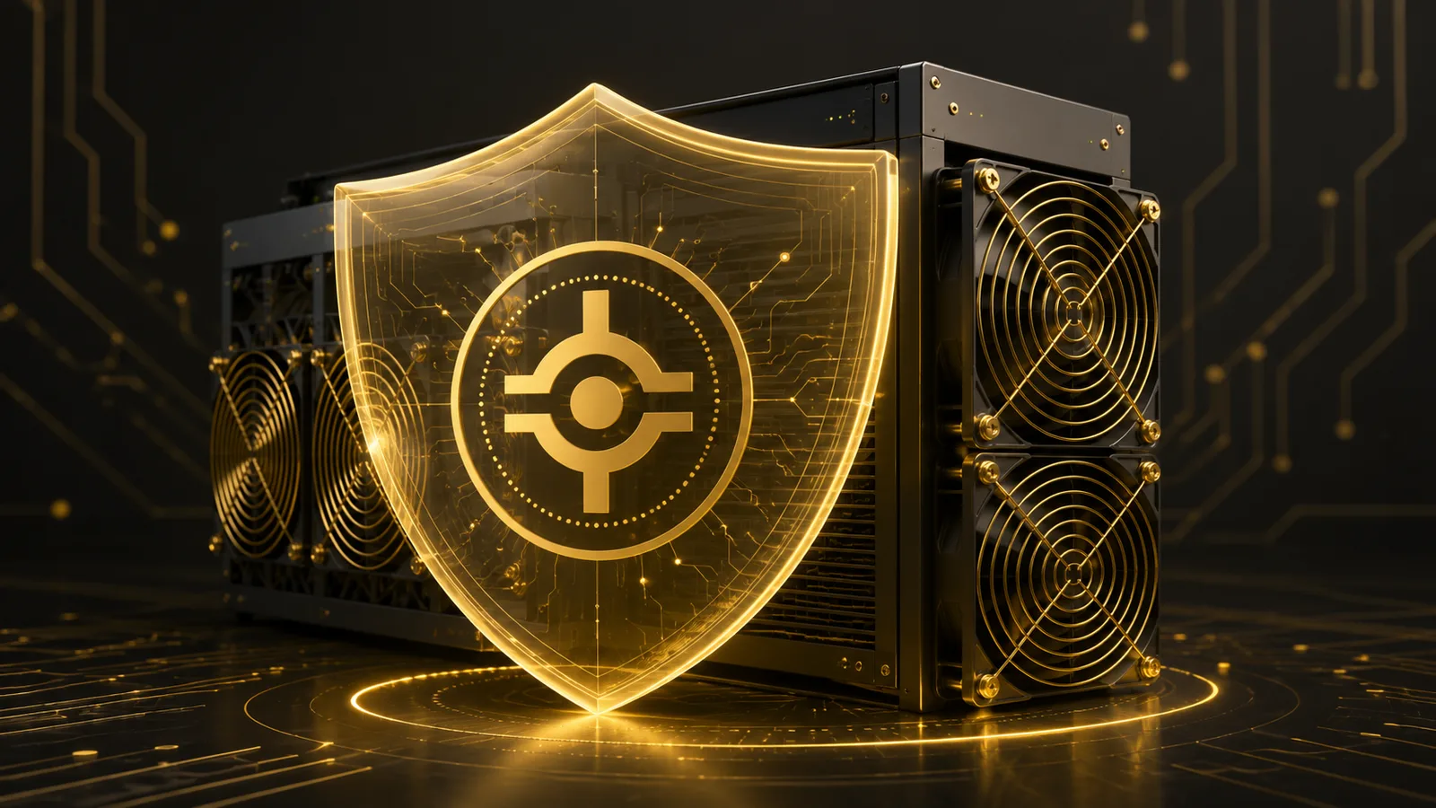 Minero ASIC con un escudo dorado y el símbolo de Zcash (ZEC), guía para minar Zcash en 2026