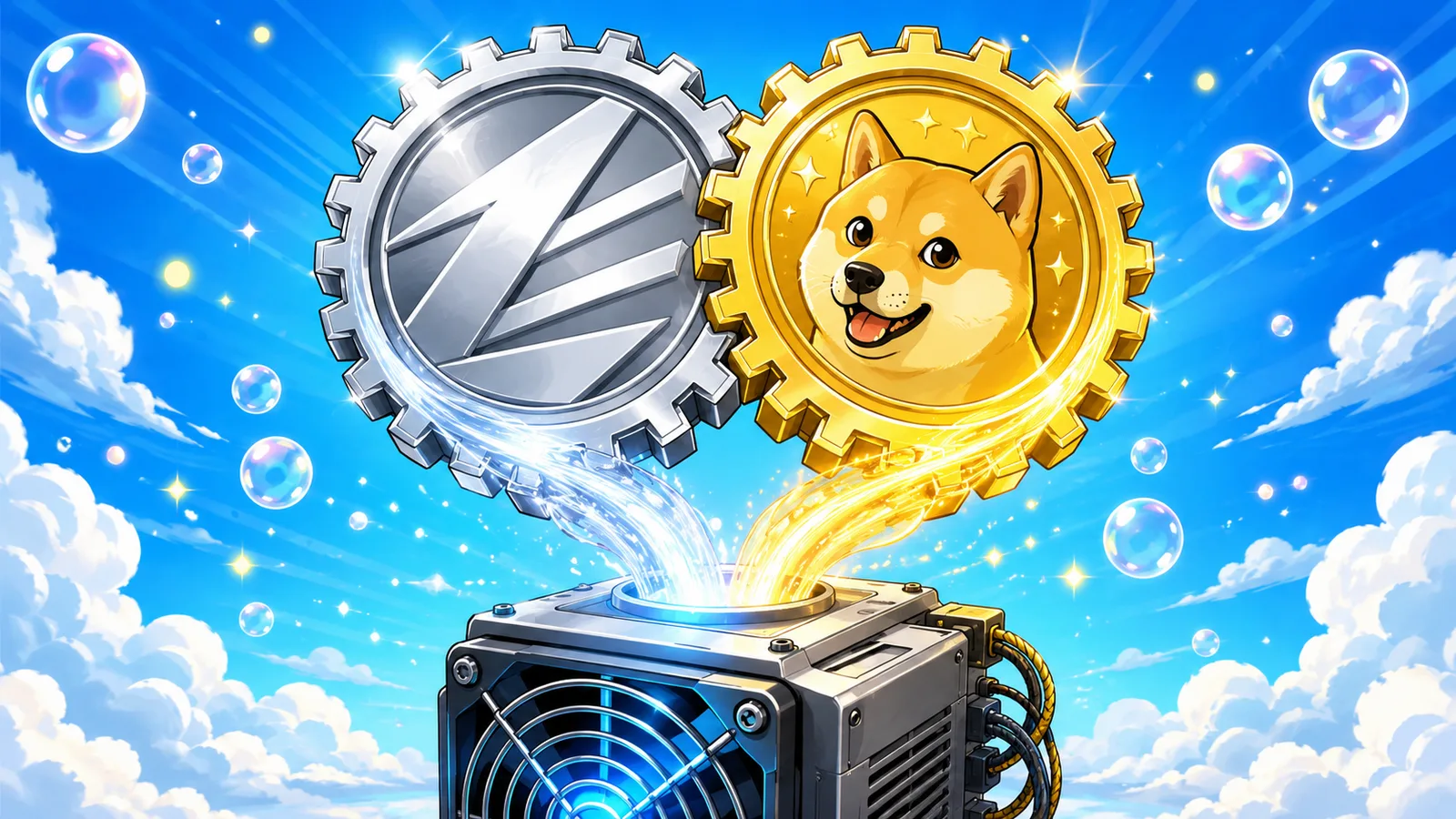 Monedas de Litecoin y Dogecoin saliendo de un mismo minero ASIC, minería fusionada Scrypt
