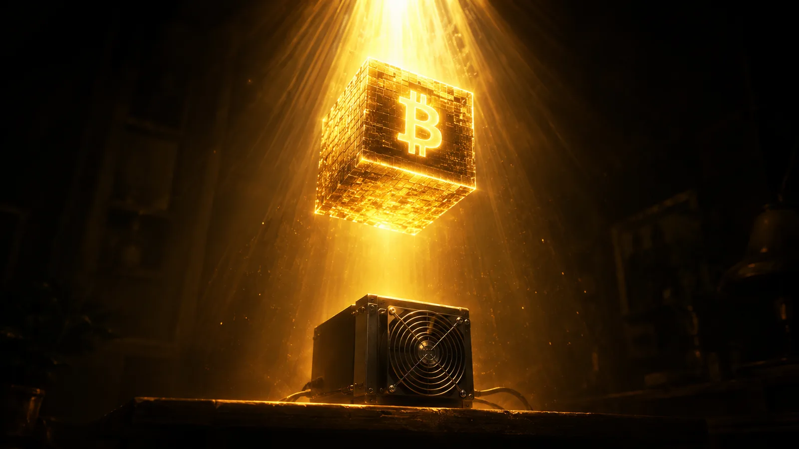 Minero doméstico bajo un haz dorado con un bloque de Bitcoin como premio, mineros que ganaron un bloque en solitario