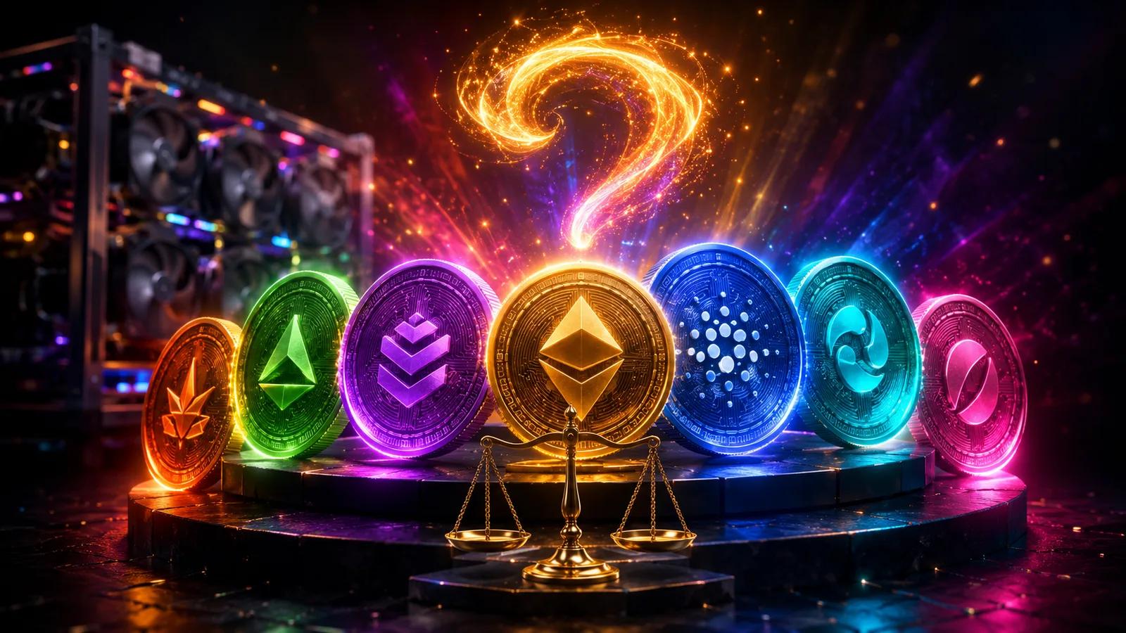 Varias altcoins de colores en abanico con un signo de interrogación y una balanza, qué criptomoneda minar en 2026