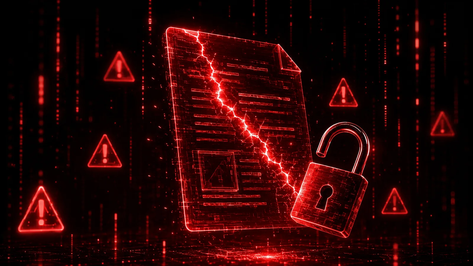 Contrato inteligente holográfico agrietado con un candado y señales de alerta, riesgos de los smart contracts