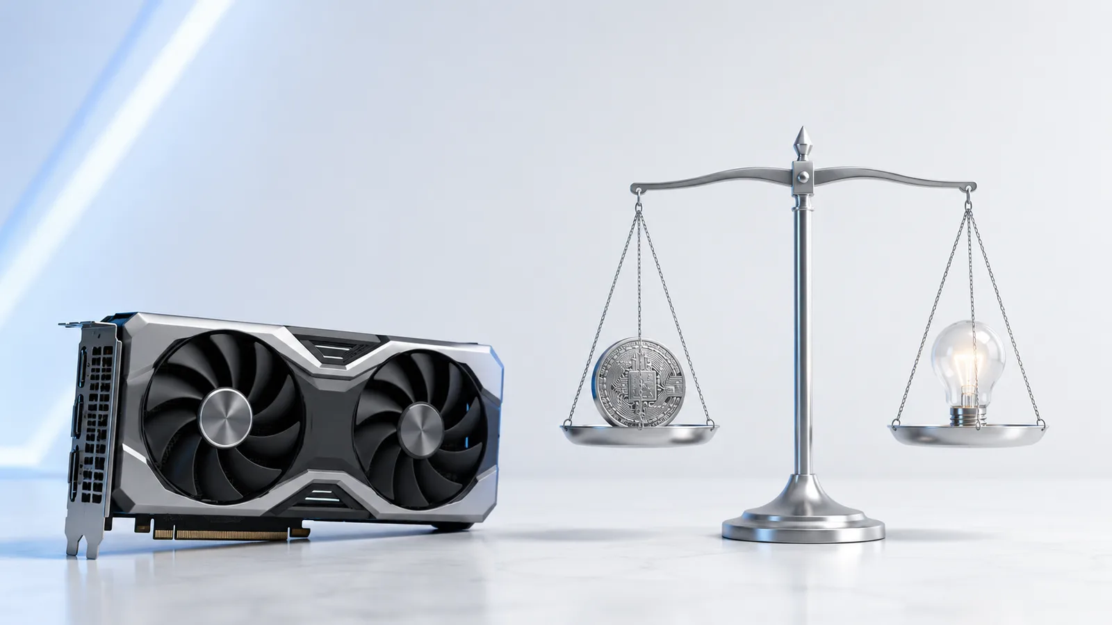 Tarjeta gráfica RTX 5070 junto a una balanza de coste y rendimiento, rentabilidad de minar con la RTX 5070