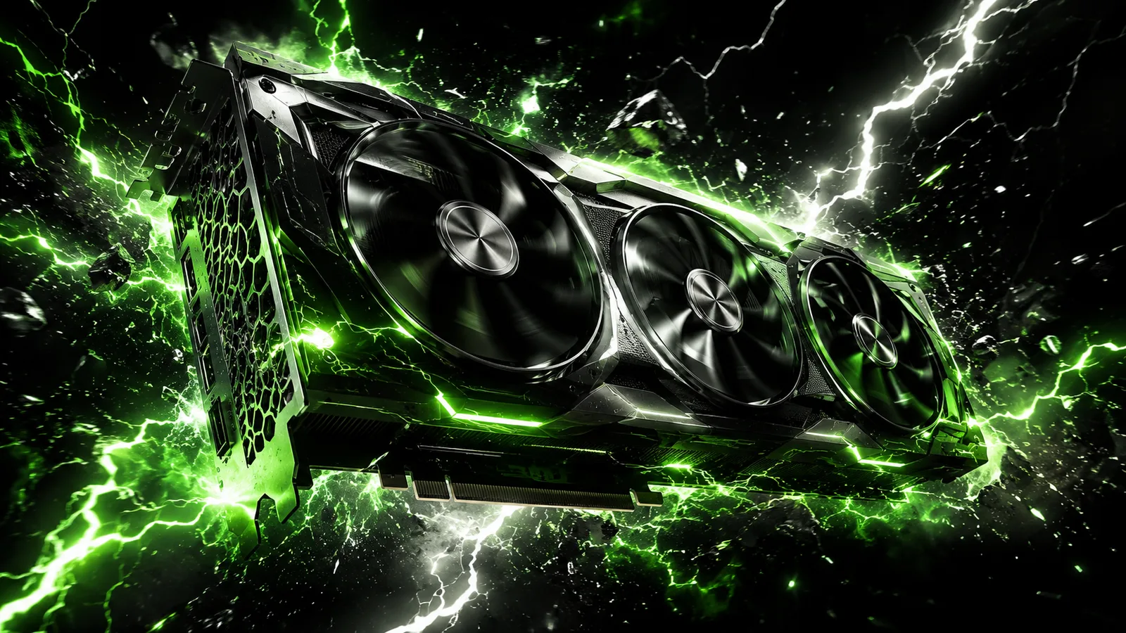 Tarjeta gráfica RTX 5090 rodeada de energía verde, rentabilidad de minar con la GPU más potente