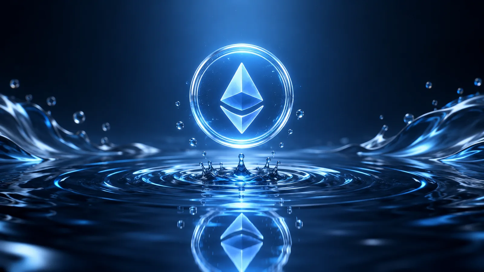 Token de Ethereum sobre un estanque de agua con ondas, staking líquido con Lido y stETH