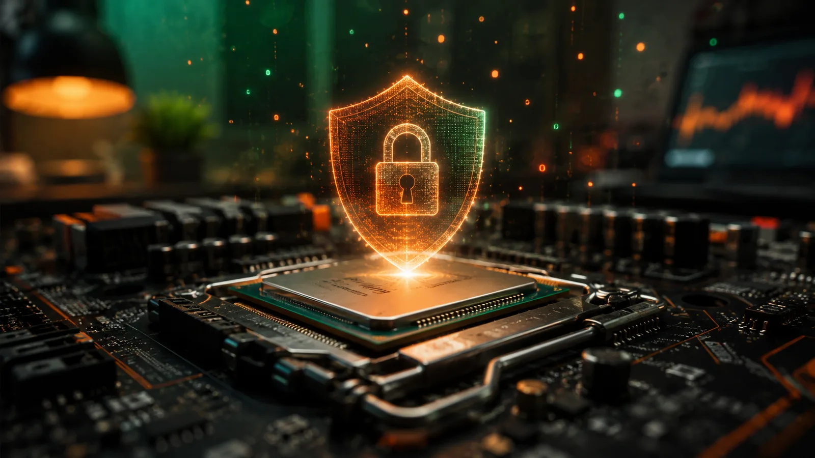 Procesador minando Monero (XMR) con un escudo y candado de privacidad sobre la placa base